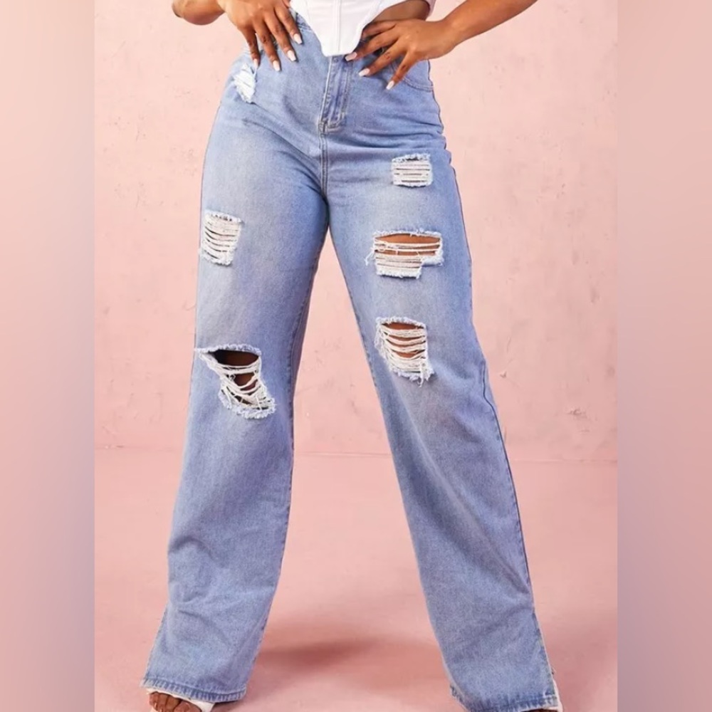 High-Waist Distressed Split Hem Wide Leg Jean | Medium Wash
